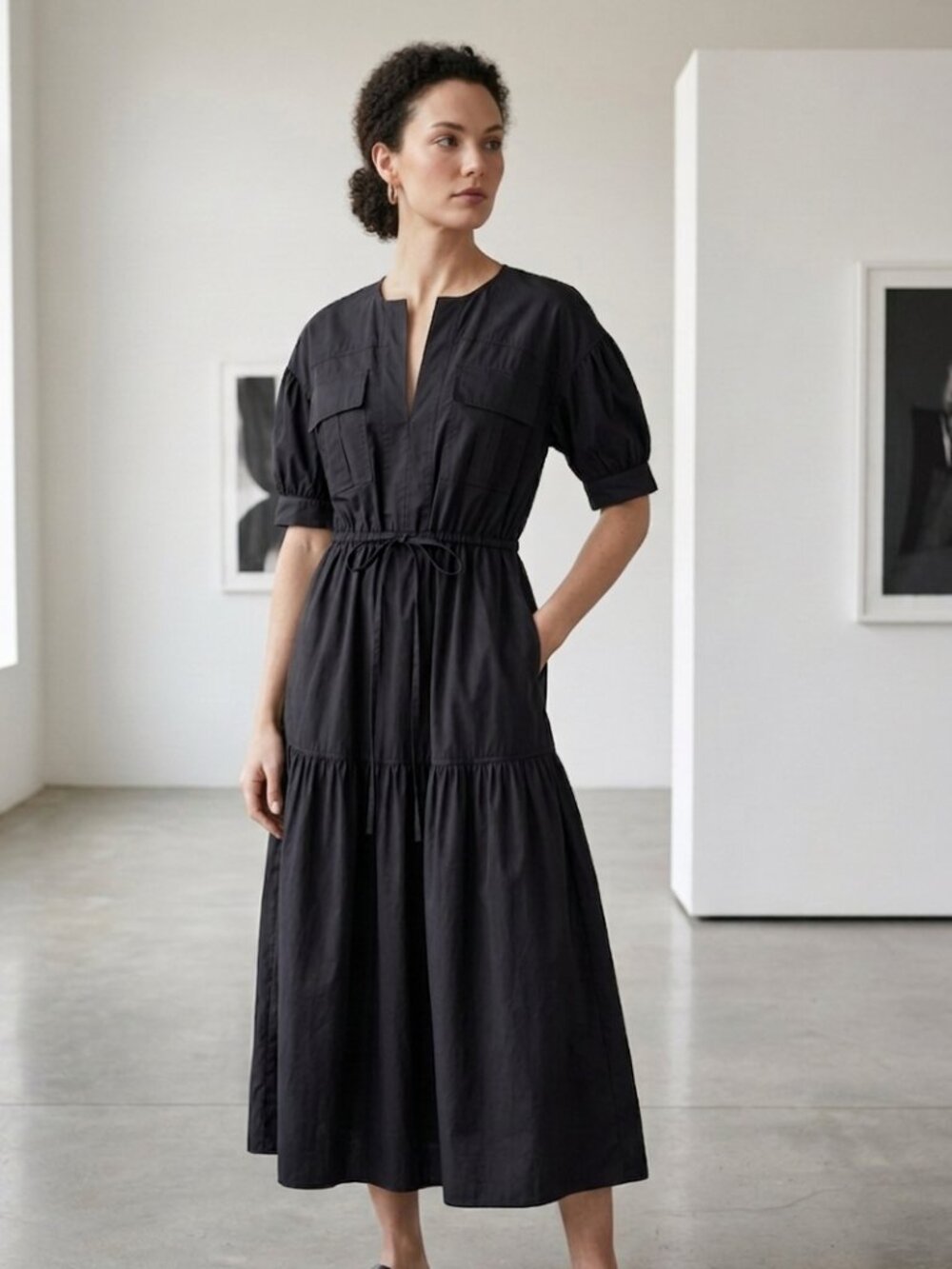Derek Lam 10 Crosby Tiered Utility Midi Dress Black Size 2